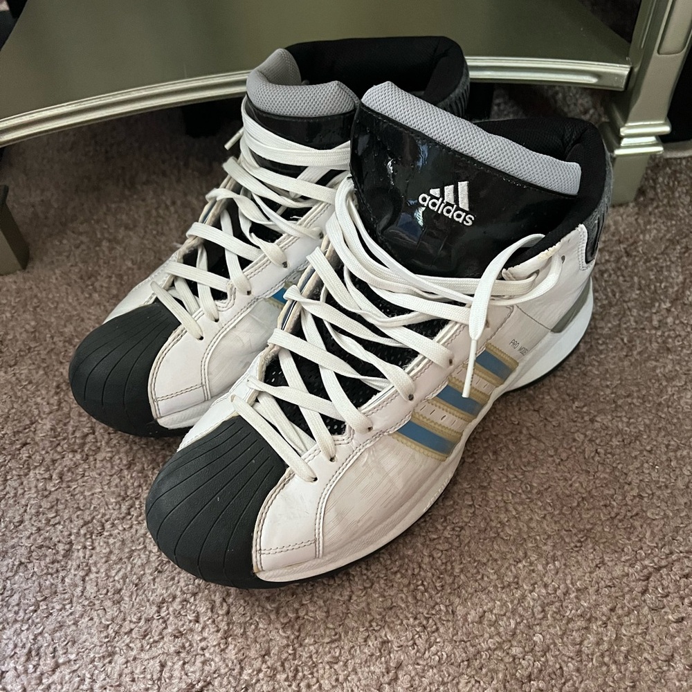 Adidas White and Black High-Tops with Blue Stripes